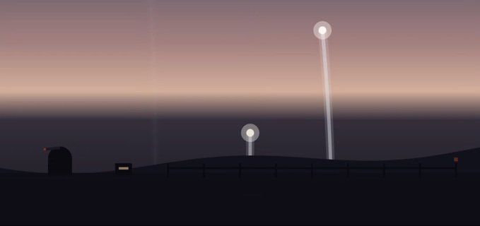 A minimalist landscape at dusk shows glowing orbs rising on light beams from the ground against a pink and purple gradient sky, with a small dark structure and a distant red dot on the horizon.
