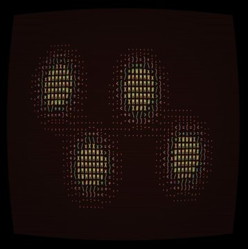 This abstract, pixelated image showcases a few examples of revealed NFT items, as mentioned in the accompanying text describing the minting process. Some of the items appear to be composed of ASCII art symbols that form vaguely oval, clustered shapes.