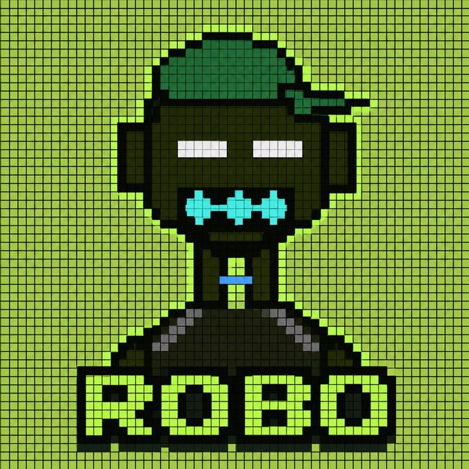 A pixel art graphic of a character wearing a backwards green cap and pixelated sunglasses, with the text "ROBO" displayed below on a yellow grid background. The retro robotic styling and "stealth launching" announcement suggest an upcoming crypto or NFT project drop with an air of mystery.