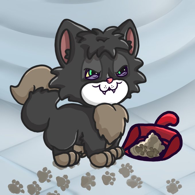 A cartoon illustration of a fluffy black cat with purple eyes and a smug smile, standing next to a tipped-over red bag spilling kibble, with paw prints on a tiled floor.