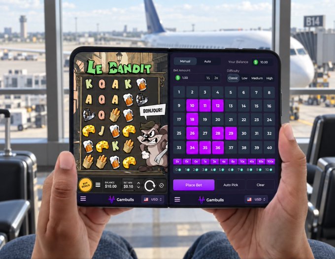 A person at an airport gate (gate B14) holds a foldable smartphone displaying a dual-screen gambling interface: on the left is the 'Le Bandit' slot game, and on the right is a roulette betting grid on 'Gambulls' with a $10.00 balance.