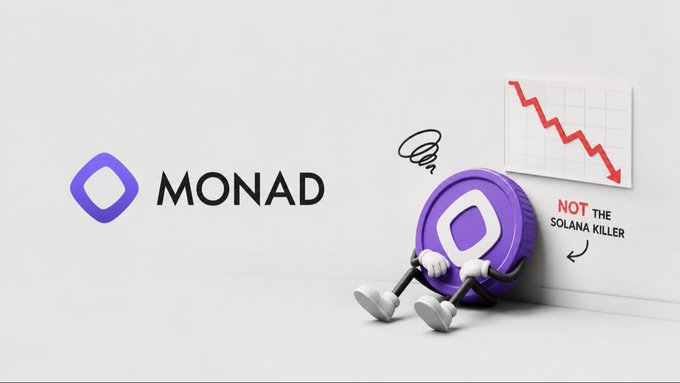 A promotional graphic for "MONAD" featuring a 3D animated purple coin character sitting dejectedly against a wall, with a downward red chart arrow and text reading "NOT THE SOLANA KILLER".