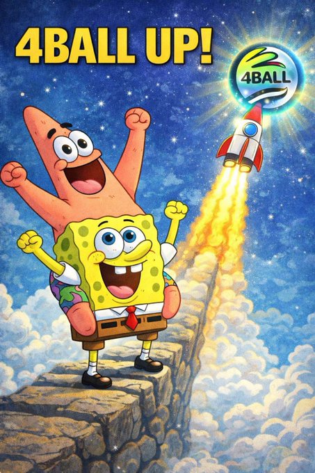 Meme-style digital illustration featuring SpongeBob SquarePants and Patrick Star standing triumphantly on a cliff edge as a rocket labeled '4BALL' launches into a starry sky, with bold yellow text '4BALL UP!' at the top.