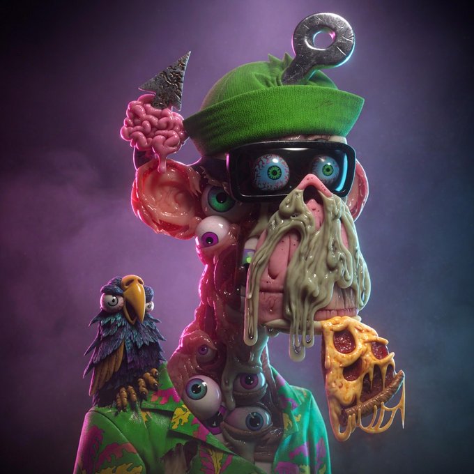 A grotesque, surreal 3D rendering of a disfigured character wearing sunglasses and a green cap, with exposed brains, pizza, and an eyeball-covered bird.