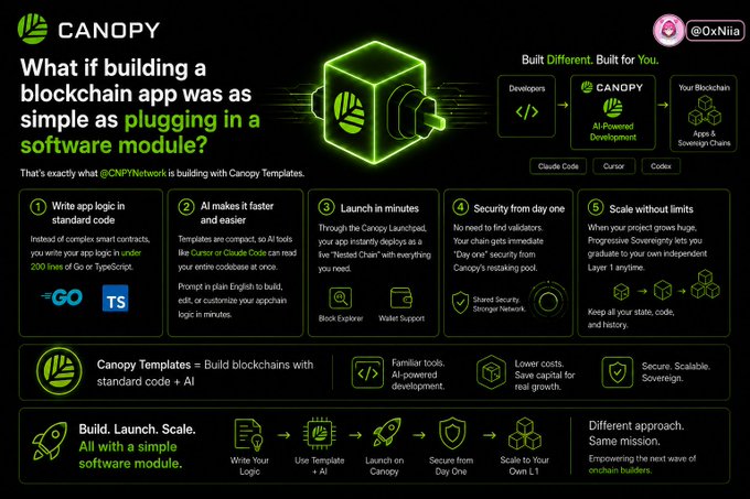 A promotional graphic for 'CANOPY' (@0xNija) explains that building a blockchain app is as simple as plugging in a software module, featuring five steps: write app logic in standard code, let AI make it faster, launch in minutes, ensure day one security, and scale without limits.