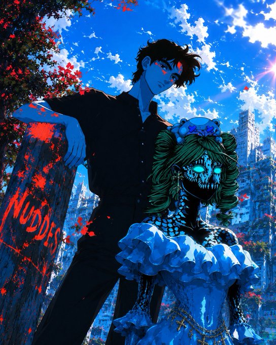 An anime-style illustration showing a dark-haired character in black beside a skeletal girl with green hair wearing a blue dress, with 'NUDES' written in red on a post, set against a bright blue sky and cityscape.