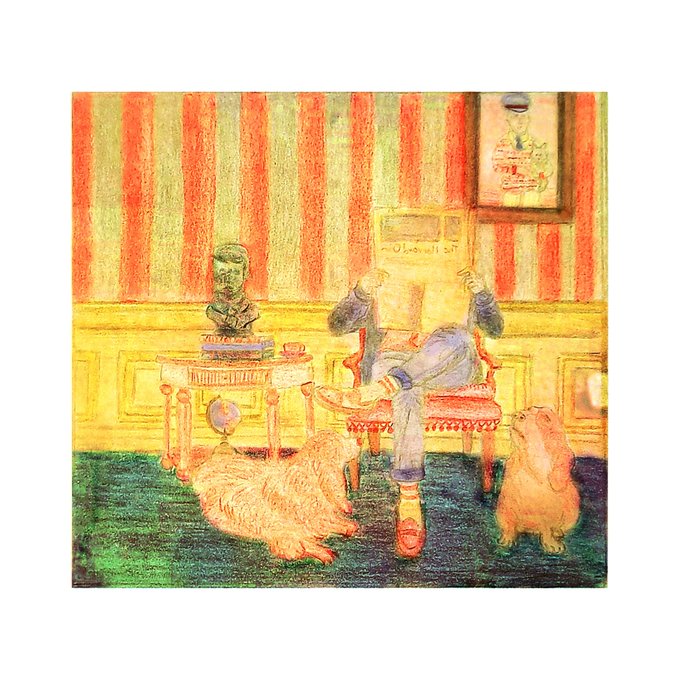 A colorful illustration of a man relaxing in a striped room with a newspaper over his face, accompanied by two fluffy dogs.