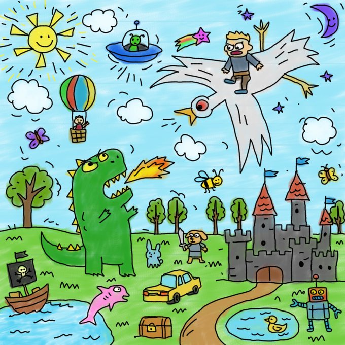 A whimsical, hand-drawn children's illustration featuring a green dinosaur breathing fire, a boy riding a giant white bird, a pirate ship, a robot, a hot air balloon, a UFO with an alien, a castle, and various other fantastical creatures under a sunny sky with clouds, stars, and a crescent moon.

The playful, kid-friendly artwork aligns with the "KidStoryHood" NFT giveaway, visually representing the whimsical, storybook theme suggested by the project's name.