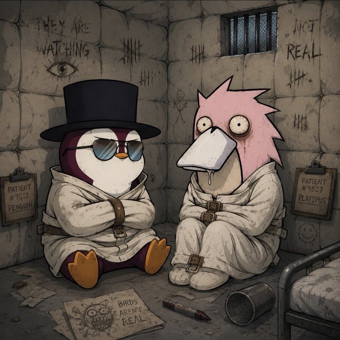 An illustration of a penguin in a top hat and sunglasses and a pink platypus both in straitjackets inside an asylum cell with graffiti including 'THEY ARE WATCHING' and 'NOT REAL'.