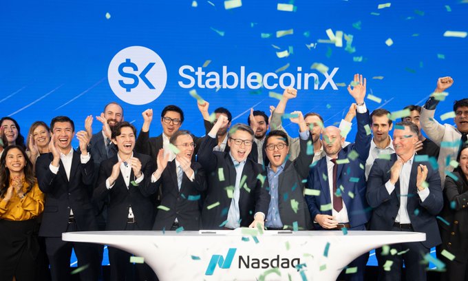 A group of business professionals celebrates joyfully with confetti raining down at what appears to be a Nasdaq IPO event, with a "StablecoinX" logo and "$" symbol displayed on the screen behind them and the "Nasdaq" name visible on the podium.

The image humorously subverts the celebratory IPO photo by replacing a successful company's ticker with "$ENA," mocking the post's bold prediction that Ethena's token will surge to $10 by framing it as an absurd, laughable fantasy rather than a realistic milestone.