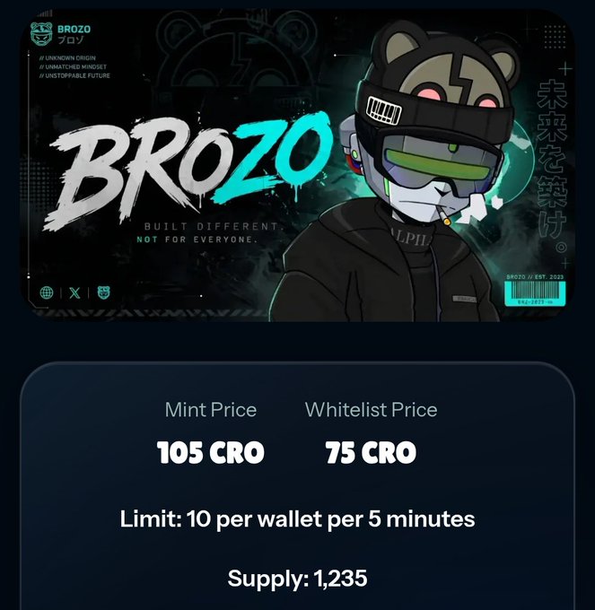 An NFT minting page for 'BROZO' collection featuring a cyberpunk bear character wearing a VR helmet and jacket, with text 'BUILT DIFFERENT, NOT FOR EVERYONE', mint price 105 CRO, whitelist price 75 CRO, limit 10 per wallet per 5 minutes, and supply of 1,235.