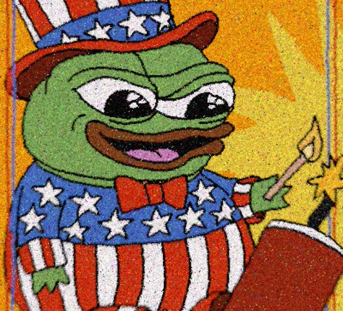 Stylized illustration of Pepe the Frog dressed as Uncle Sam in an American flag-themed top hat and bow tie, holding a lit match near a firecracker.