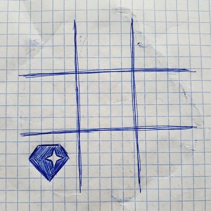 A hand-drawn tic-tac-toe board on graph paper with a blue gem marker placed in the bottom-left square, ready for an opponent's move. The sketch pairs with the caption "who's playing? your move," inviting viewers to join the game by choosing their symbol and spot.