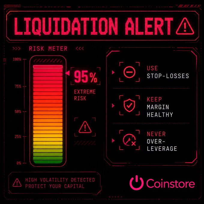 A red-themed 'LIQUIDATION ALERT' graphic from Coinstore showing a risk meter at 95% extreme risk with warnings to use stop-losses, maintain healthy margin, and never over-leverage.