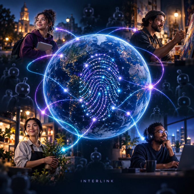 A glowing digital Earth with a fingerprint pattern at its center is surrounded by orbiting connections, with people engaged in various activities (writing, working at laptops, holding tablets) and faint AI robot figures in the background. The word "INTERLINK" appears at the bottom, visually reinforcing the post's message about InterLink's Proof of Personhood system distinguishing real humans from bots in the digital network.