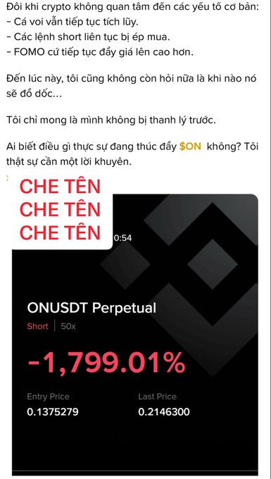 The image shows a trading screenshot of an ONUSDT Perpetual short position at 50x leverage, displaying a massive unrealized loss of -1,799.01% with an entry price of 0.1375279 and last price of 0.2146300, accompanied by Vietnamese text expressing disbelief about how someone could let a short position accumulate such catastrophic losses despite the underlying asset only rising modestly, highlighting the extreme risk of high-leverage trading.