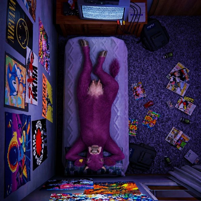 A vibrant, stylized bedroom scene featuring a person in a furry suit lying upside down on a bed, surrounded by posters, video games, and a TV displaying static.