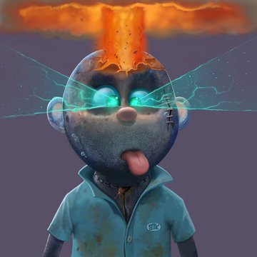 A 3D rendering of a stylized character with an oversized head, glowing teal eyes, and a lava-topped cranium, wearing a blue shirt with a "TTT" patch.