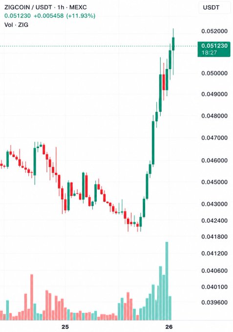 A 1-hour MEXC candlestick chart of ZIGCOIN/USDT (ZIG) showing a sharp rally from ~0.0420 to 0.051230, up 11.93%, accompanied by a prominent volume spike on the latest candles — visually supporting the post's claim of a massive, whale-driven buy surge.