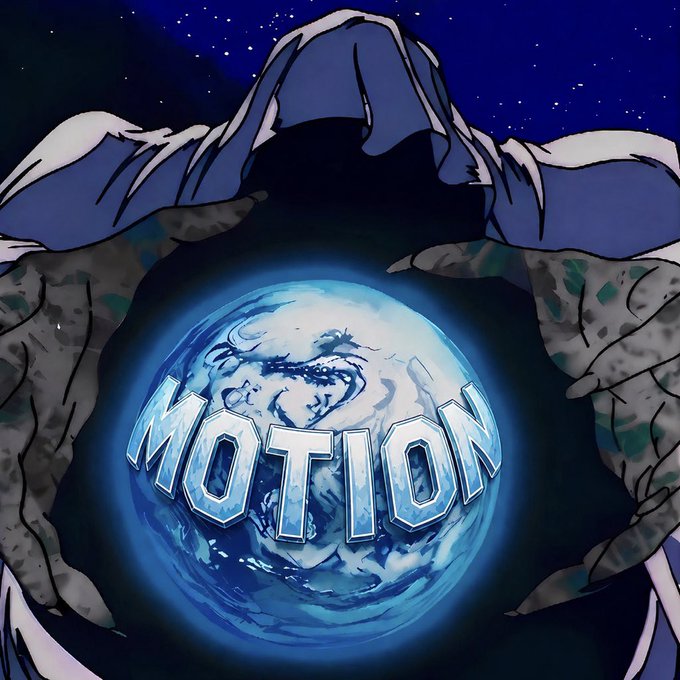 Illustration of large hands cradling a blue Earth with the word 'MOTION' displayed across the globe against a starry night sky.