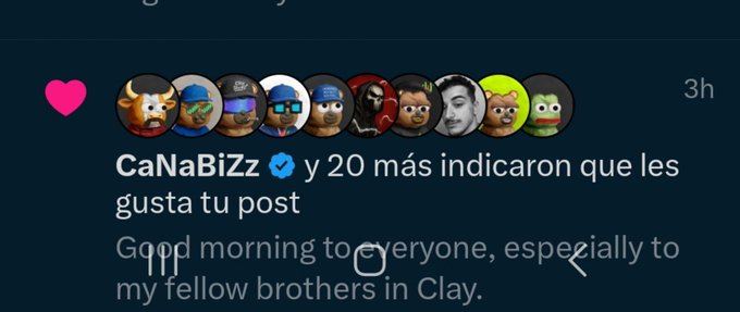 A social media screenshot showing a post liked by 'CaNaBiZz y 20 más', featuring profile pictures of characters including a bull, monkey, and lizard, with the caption 'Good morning to everyone, especially to my fellow brothers in Clay.'