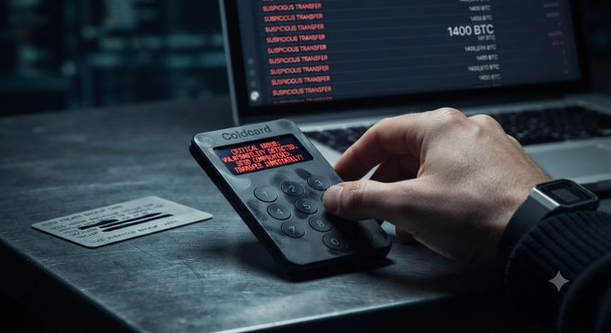 A hand operates a Coldcard hardware wallet displaying a red warning about a 'DIGITAL SEED VALIDATION ERROR', with a laptop in the background showing a suspicious transfer of 1400 BTC.