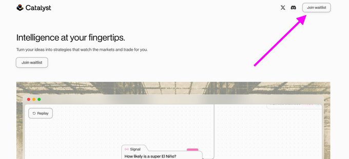 A landing page for 'Catalyst' promoting 'Intelligence at your fingertips' with a magenta arrow pointing to the 'Join waitlist' button in the top right.