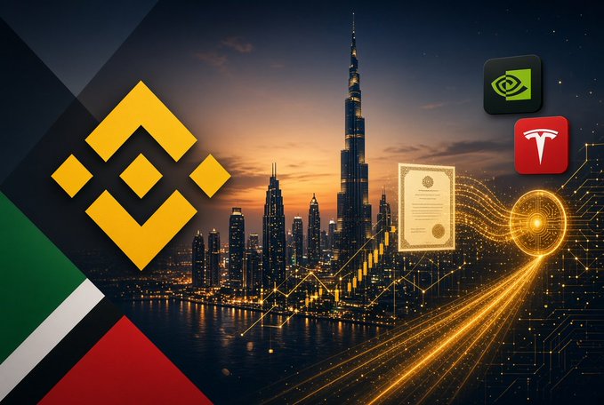 A graphic featuring the Binance logo on the left, the UAE flag, the Dubai skyline with the Burj Khalifa at sunset, and NVIDIA and Tesla logos on the right, with gold glowing financial charts and a certificate.