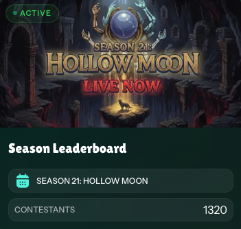A mobile app screen for a 'Season 21: Hollow Moon' event, marked 'Live Now' with a leaderboard showing 1,320 contestants.