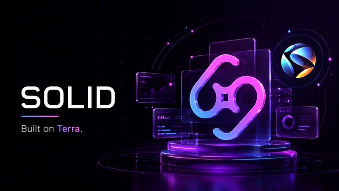 A promotional banner for "SOLID, Built on Terra" featuring a glowing 3D logo in pink and blue with digital data visualization elements.
