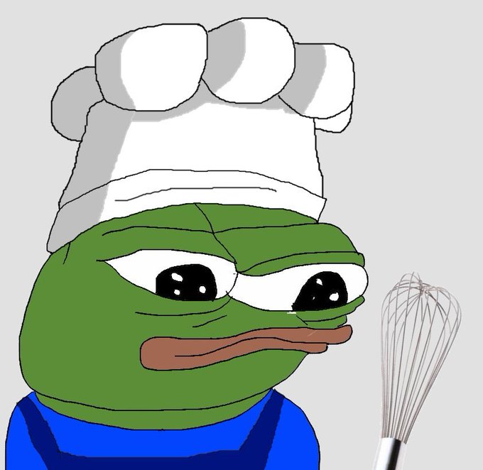 A cartoon image of Pepe the Frog dressed as a chef with a white hat and blue outfit, holding a wire whisk.