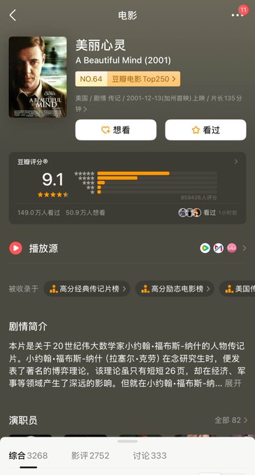 A mobile app screenshot showing the movie 'A Beautiful Mind (2001)' (美丽心灵) with a 9.1 Douban rating, featuring buttons like '想看' and '看过', and a brief plot synopsis in Chinese.