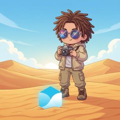 A cartoon illustration of a young person with brown hair and sunglasses holding a camera while standing in a desert landscape, with a blue and white logo at the bottom.
