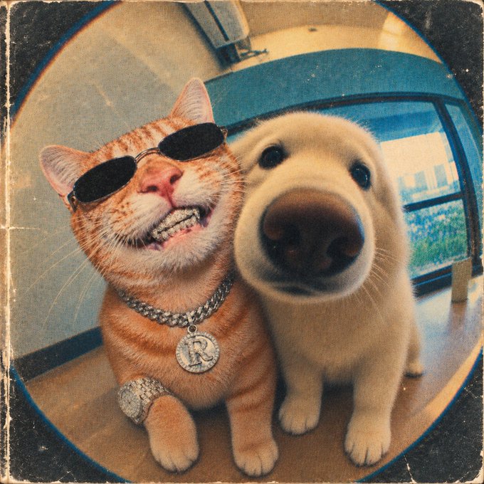 A whimsical photo of an orange cat wearing black sunglasses and a chain necklace with an 'R' pendant sitting next to a golden retriever puppy, with a fisheye lens effect.