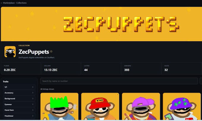 A screenshot of the ZecPuppets digital collectibles collection page on ZecMart, displaying a yellow banner with 'ZECPUPPETS' text, statistics showing 0.28 ZEC floor, 13.13 ZEC volume, 393 owners, and 32 sales, along with 44 NFT listings of monkey characters.