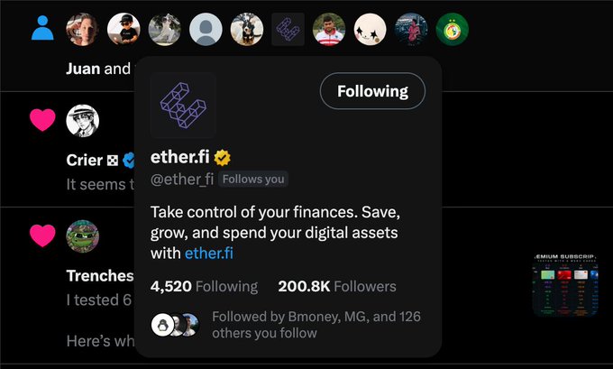 A Twitter/X profile card showing the ether.fi account (@ether_fi) with description 'Take control of your finances. Save, grow, and spend your digital assets with ether.fi', showing 4,520 Following and 200.8K Followers.