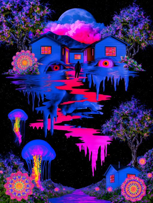 A vibrant, surreal digital artwork depicts glowing blue houses with large watching eyes, floating jellyfish, and dripping neon pink liquid under a starry sky.