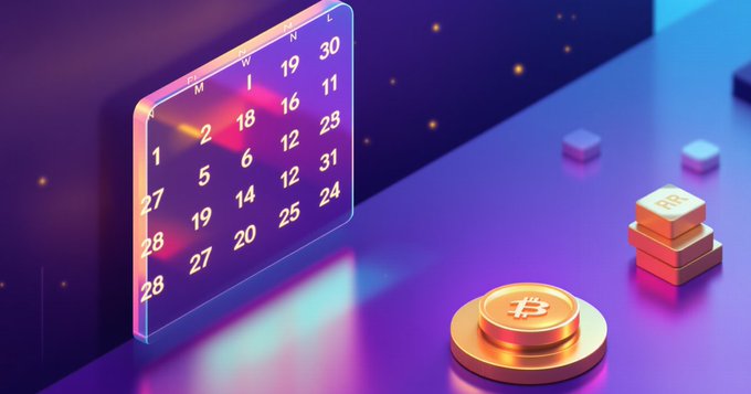 A glowing calendar with dates hovers beside stacked gold Bitcoin coins, visually representing the Dollar Cost Averaging (DCA) strategy of making consistent crypto purchases on a fixed schedule regardless of price.
