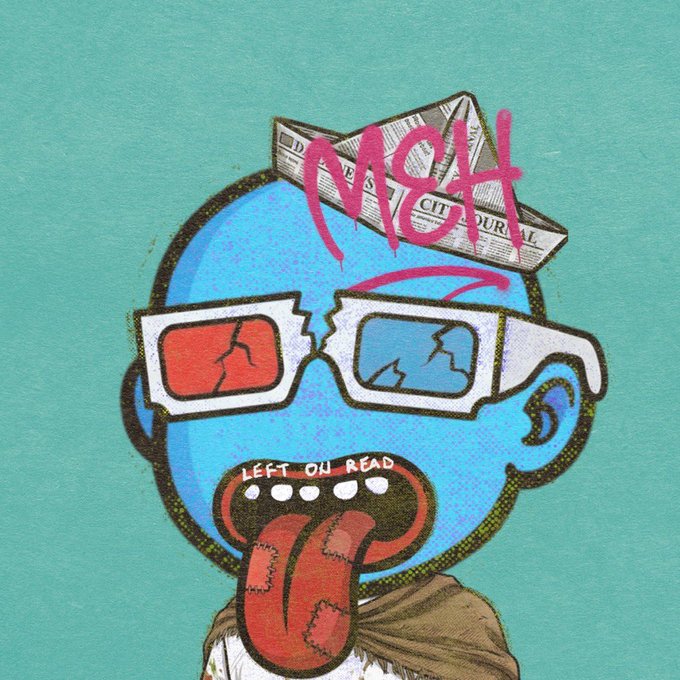 A cartoon illustration of a blue-skinned character with cracked white 3D glasses, a long red tongue reading 'LEFT ON READ', a newspaper hat, and the word 'MOCHA' graffitied in pink on his head.