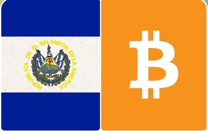 A side-by-side display of the El Salvador national flag and the Bitcoin (BTC) logo on an orange background.