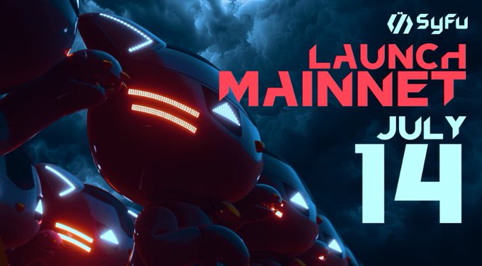 A promotional graphic for SyFu announcing the 'Launch Mainnet July 14' featuring a robotic figure with glowing red accents.