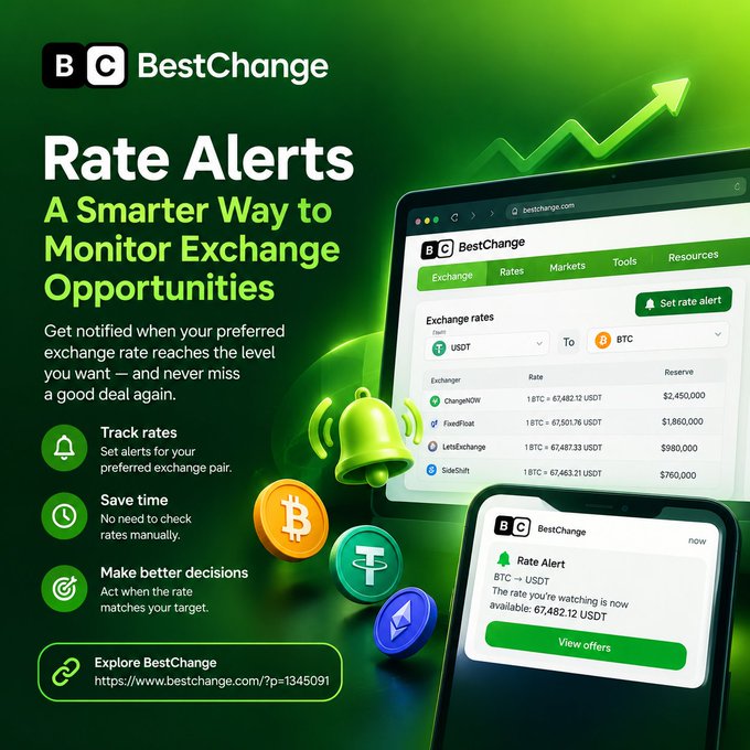 A promotional graphic for "BestChange" Rate Alerts shows a tablet and phone interface for monitoring cryptocurrency exchange rates between USDT and BTC, listing features like "Track rates" and "Save time".
