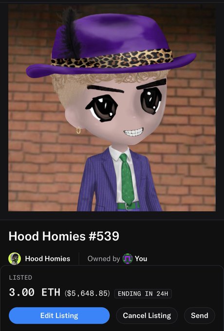 A digital NFT character called "Hood Homies #539" featuring a stylized figure wearing a purple fedora with leopard print band, green tie, and earring, currently listed for 3.00 ETH ($5,648.85).