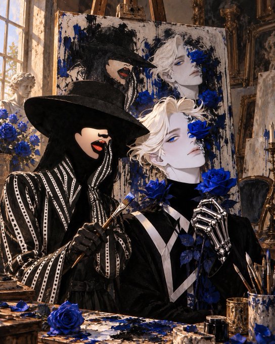 An AI-generated artwork of two figures, one in a black and white striped outfit with a wide-brimmed hat holding a paintbrush, and another with white hair adorned with blue roses, set in an opulent, classical artist's studio.