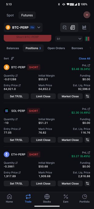 Mobile cryptocurrency trading app screenshot showing three short positions: BTC-PERP ($-0.01288), SOL-PERP (-10), and ETH-PERP (-0.3981), with balances, positions, entry prices, and market prices displayed on a dark interface.