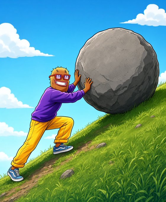 A determined yellow-haired figure in a purple hoodie and sunglasses pushes a massive boulder up a steep grassy hill, illustrating the perseverance required to reach success—perfectly matching the post's message about embracing the struggle, tagged with $WOLF.