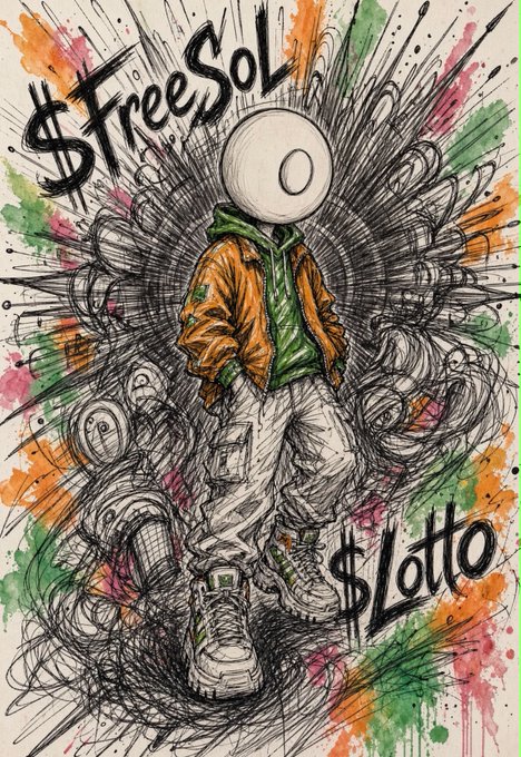 A sketch-style illustration of a hooded figure with a plain white face wearing an orange jacket and cargo pants, surrounded by colorful paint splatters and graffiti text reading '$FreeSol' and '$Lotto'.
