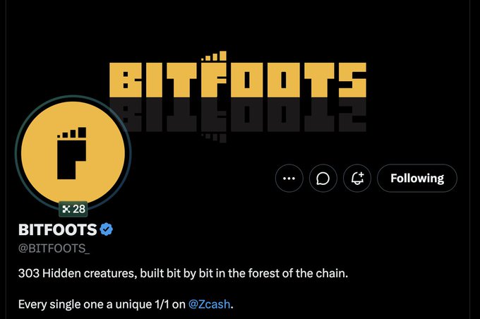 The image shows a Twitter/X profile for "BITFOOTS" (@BITFOOTS_), displaying a pixel-art foot logo with a badge showing "28," and a bio describing "303 Hidden creatures, built bit by bit in the forest of the chain" as unique 1/1 NFTs on @Zcash. The profile is marked as "Following," and the image visually supports the post's description of a limited NFT collection of hidden creatures on the Zcash blockchain.