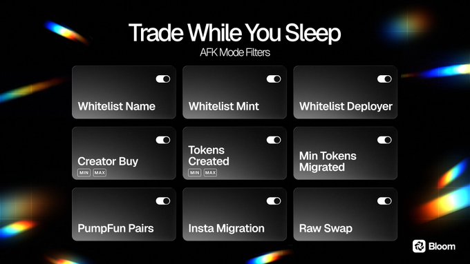 A dark-themed app interface titled 'Trade While You Sleep' with AFK Mode Filters, showing toggle switches for various crypto trading options including Whitelist Name, Whitelist Mint, Creator Buy, and PumpFun Pairs, with 'Bloom' branding.