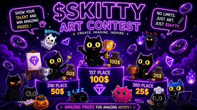 The image promotes the "$SKITTY Art Contest" with a vibrant neon purple banner displaying prize tiers—1st Place: $100, 2nd Place: $50, and 3rd Place: $25 in $SKITTY tokens—alongside cartoon black cat characters holding paintbrushes and trophies. It directly visualizes the post's call for artists to create Shadow Kitty-inspired artwork for a chance to win $SKITTY rewards.